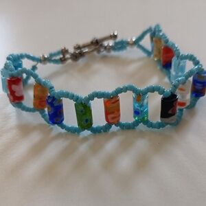 Red and Orange Woven Bracelet with Rectangular Beads